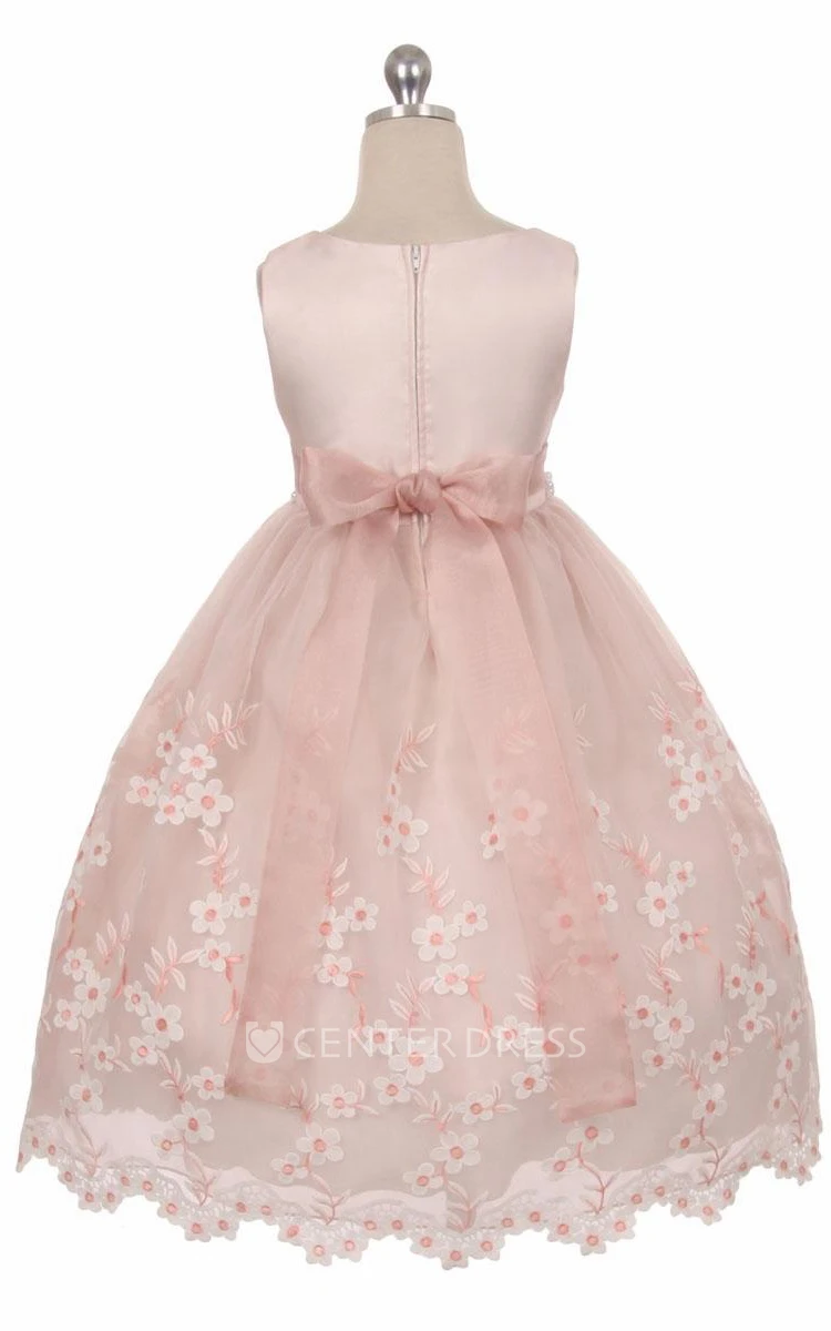 Tea-Length Floral Beaded Lace&Organza Flower Girl Dress With Ribbon