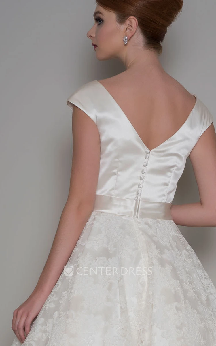 A-Line Tea-Length Appliqued Cap Sleeve Scoop Neck Satin Wedding Dress