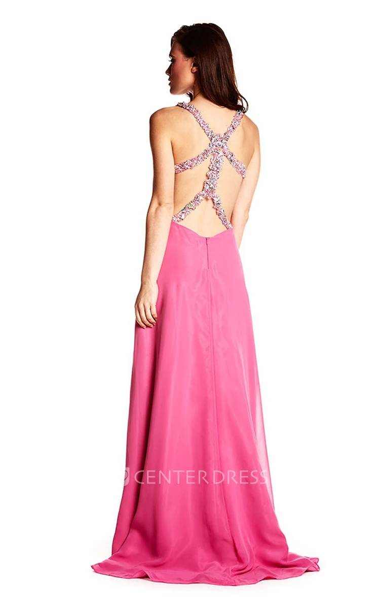 A-Line Sleeveless Ruched Floor-Length Empire Chiffon Prom Dress With Beading