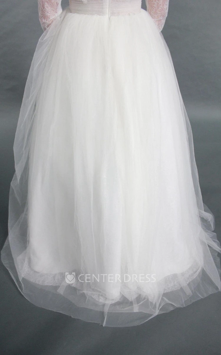 V-Neck Long Sleeve Tulle A-Line Wedding Dress With Beading