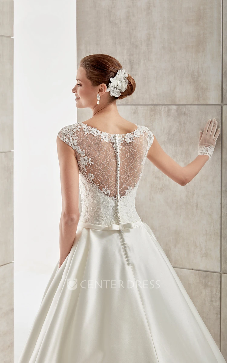 Jewel-Neck Cap-Sleeve A-Line Satin Wedding Dress With Lace Bodice And Illusive Design
