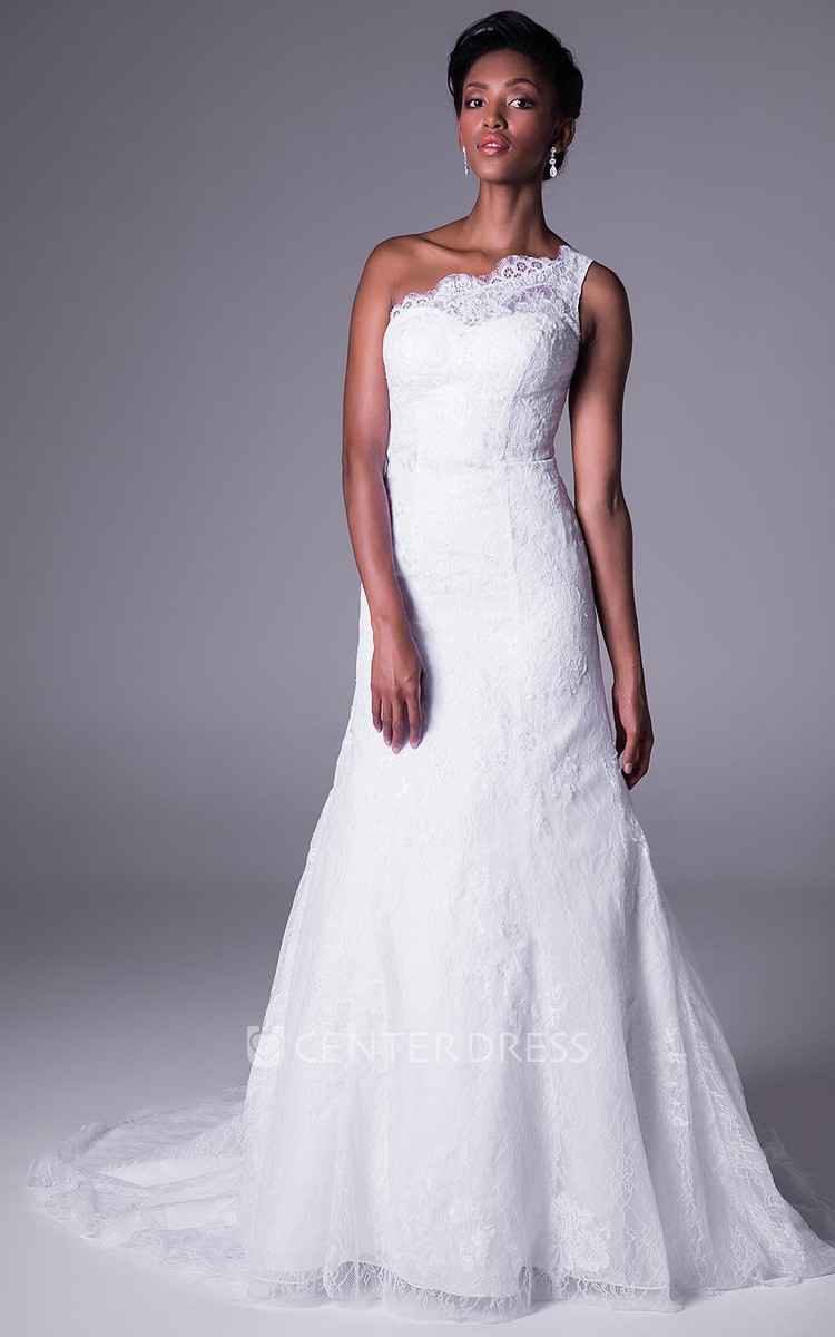 Maxi One Shoulder Appliqued Lace Wedding Dress With Court Train UCenter Dress