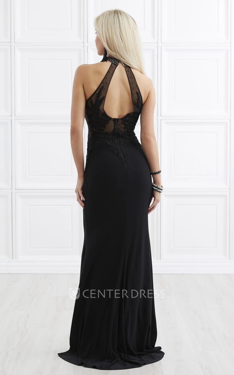 Sheath High Neck Sleeveless Jersey Keyhole Dress With Beading And Appliques