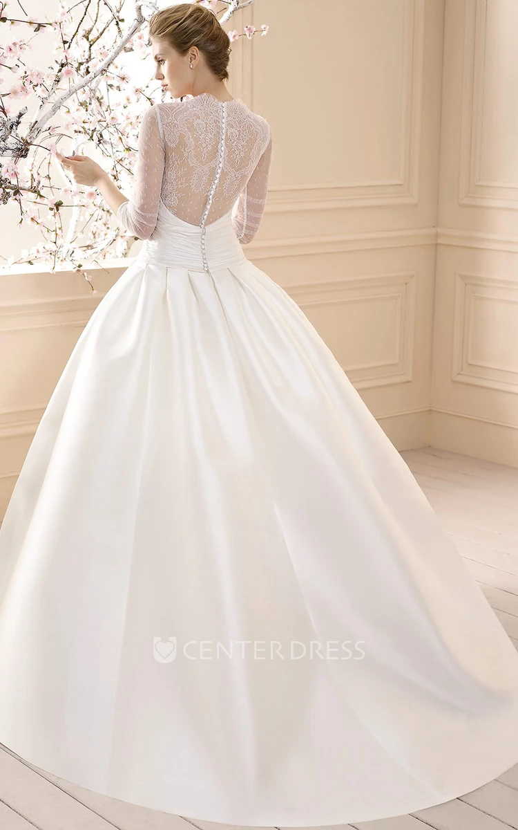Long 3-4-Sleeve Lace High-Neck Satin Wedding Dress