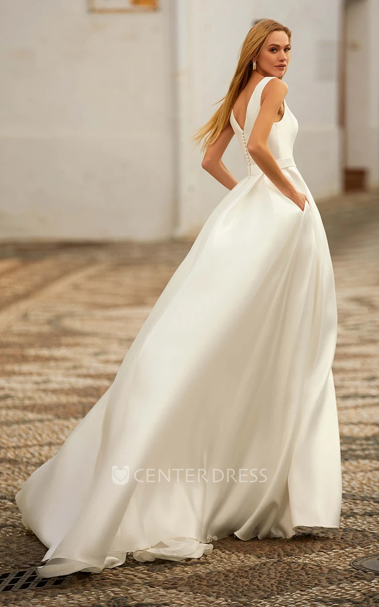 Elegant A Line Satin V-neck Court Train Wedding Dress with Pockets