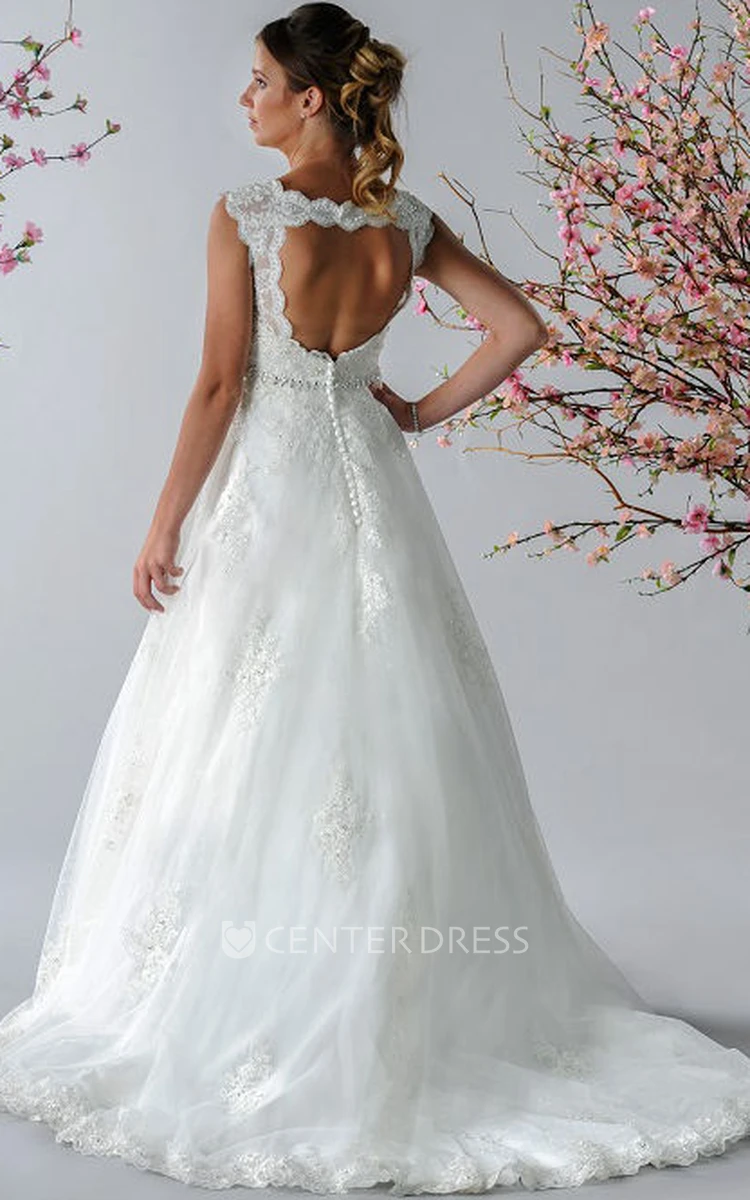 Beading Waist A-Line Tulle Bridal Gown With Lace And Back Keyhole