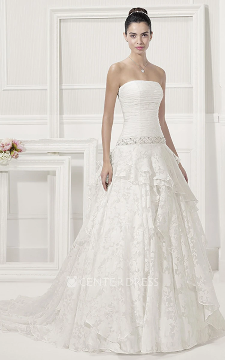 Ruched Strapless Top Layered Lace Bridal Gown With Crystal Drop Waist