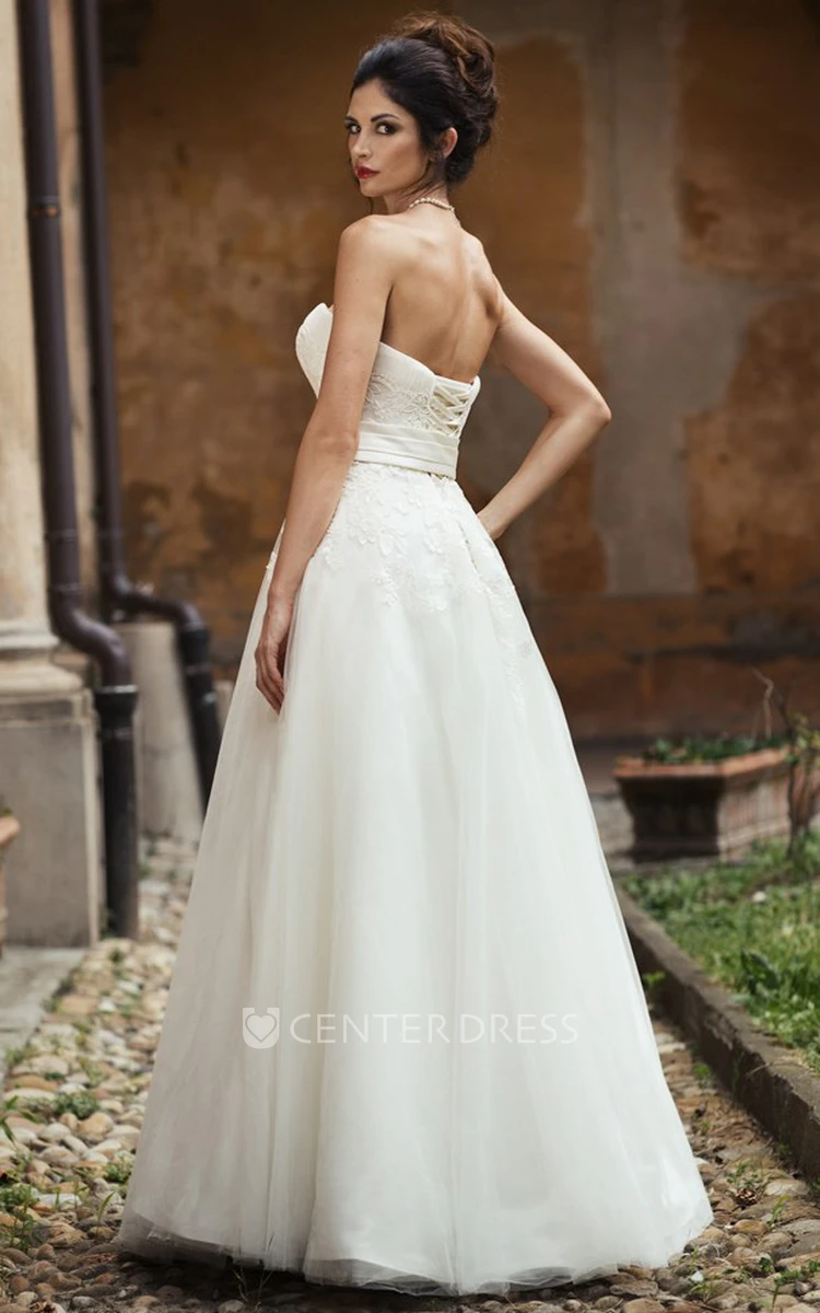 A-Line Appliqued Strapless Sleeveless Maxi Tulle&Lace Wedding Dress With Waist Jewellery
