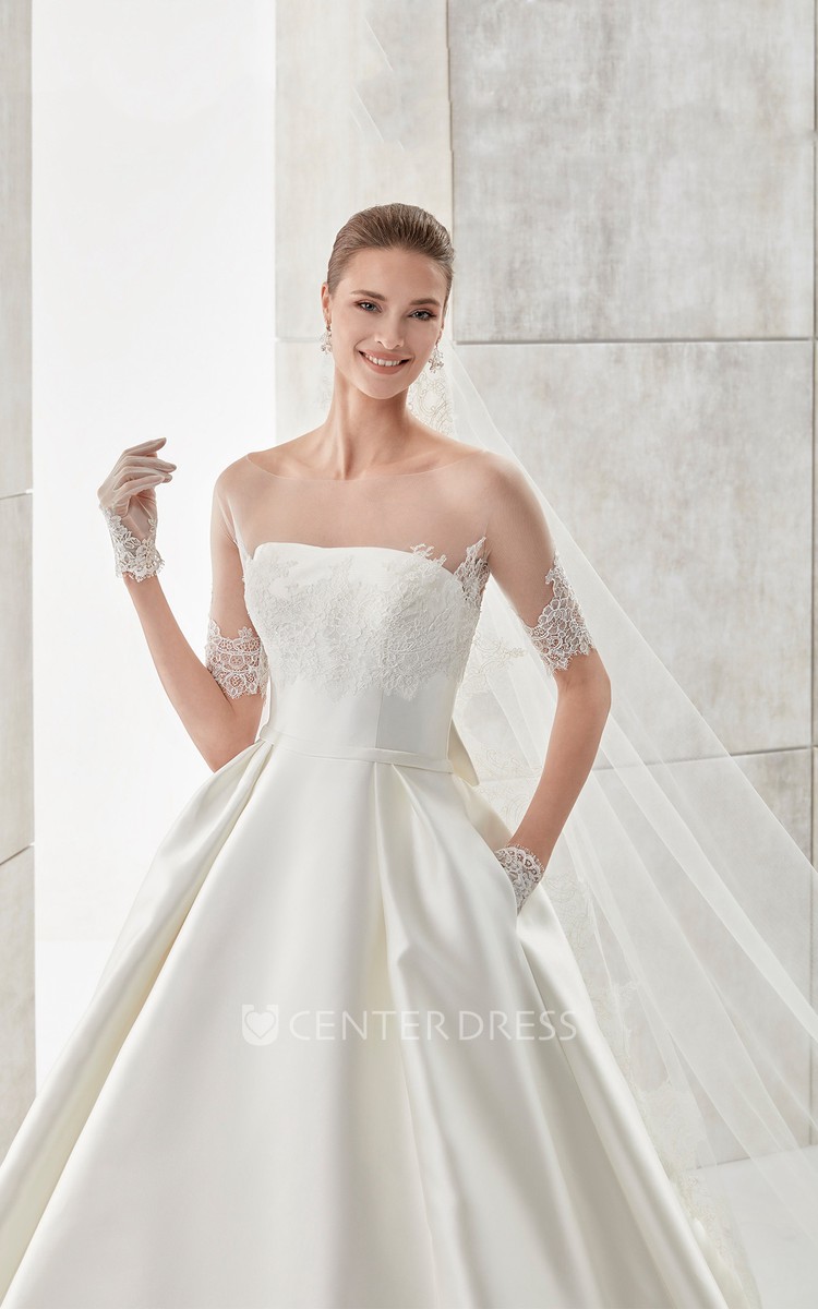 Strapless A-Line Satin Wedding Dress With Detachable Illusion Lace