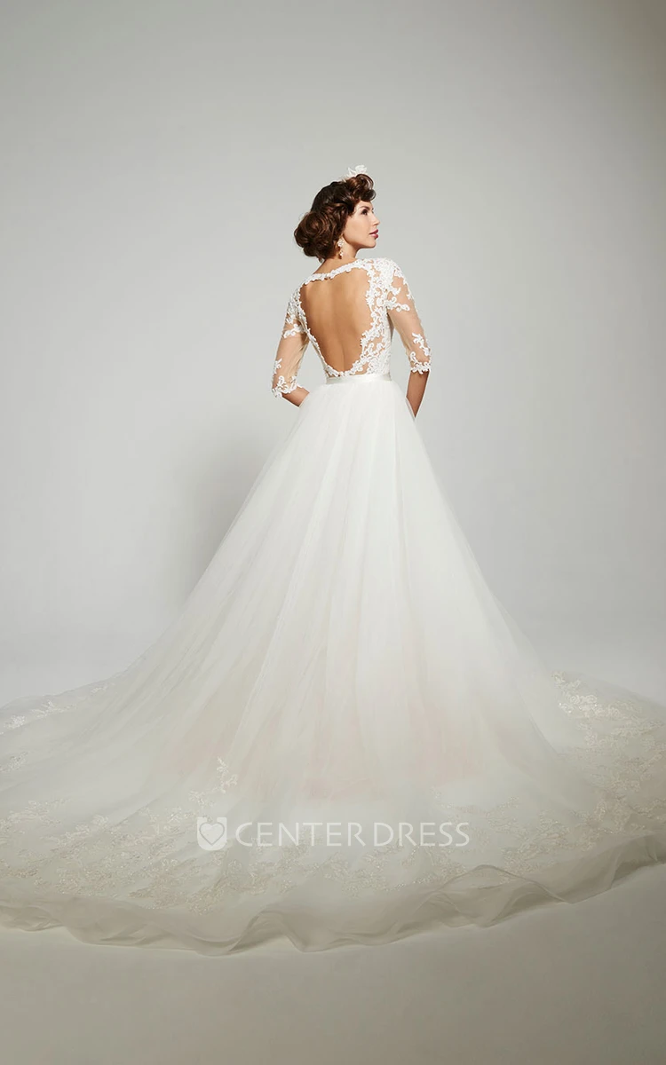 Ball Gown 3-4-Sleeve Square-Neck Tulle&Lace Wedding Dress With Keyhole