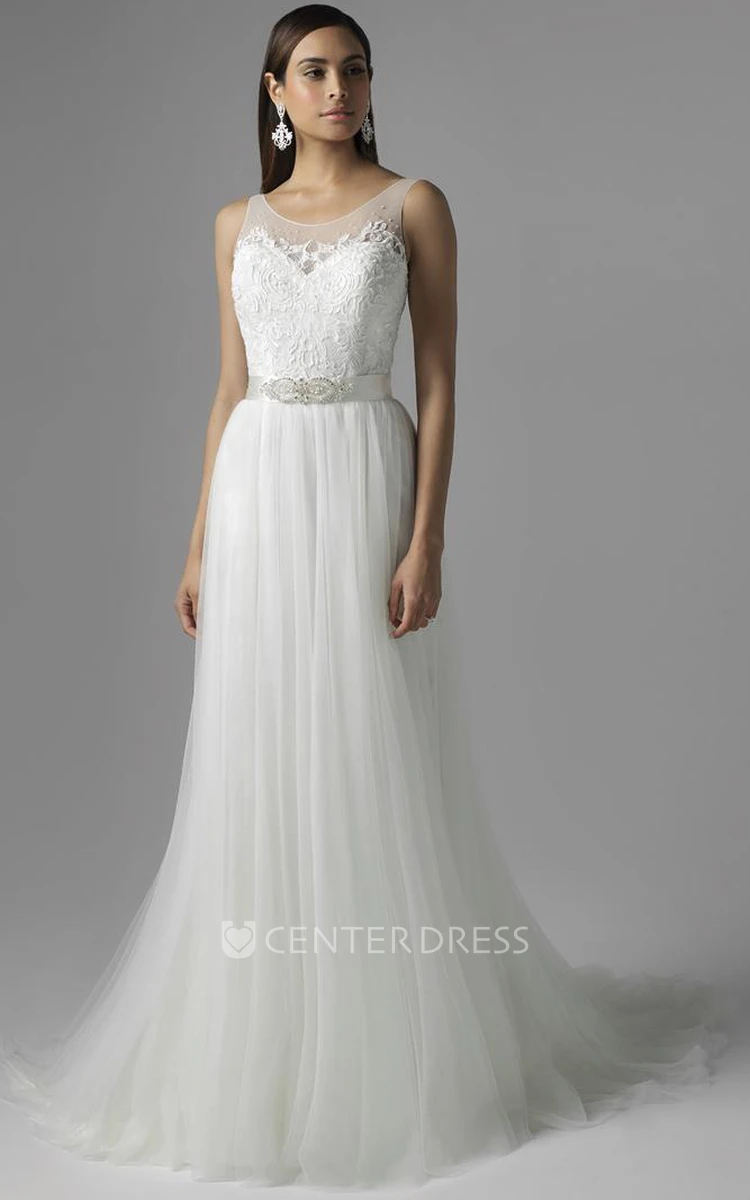 A-Line Scoop Appliqued Sleeveless Floor-Length Tulle Wedding Dress With Waist Jewellery And Pleats