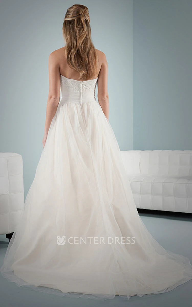 A-Line Long Sleeveless Appliqued Strapless Satin Wedding Dress With Low-V Back And Court Train