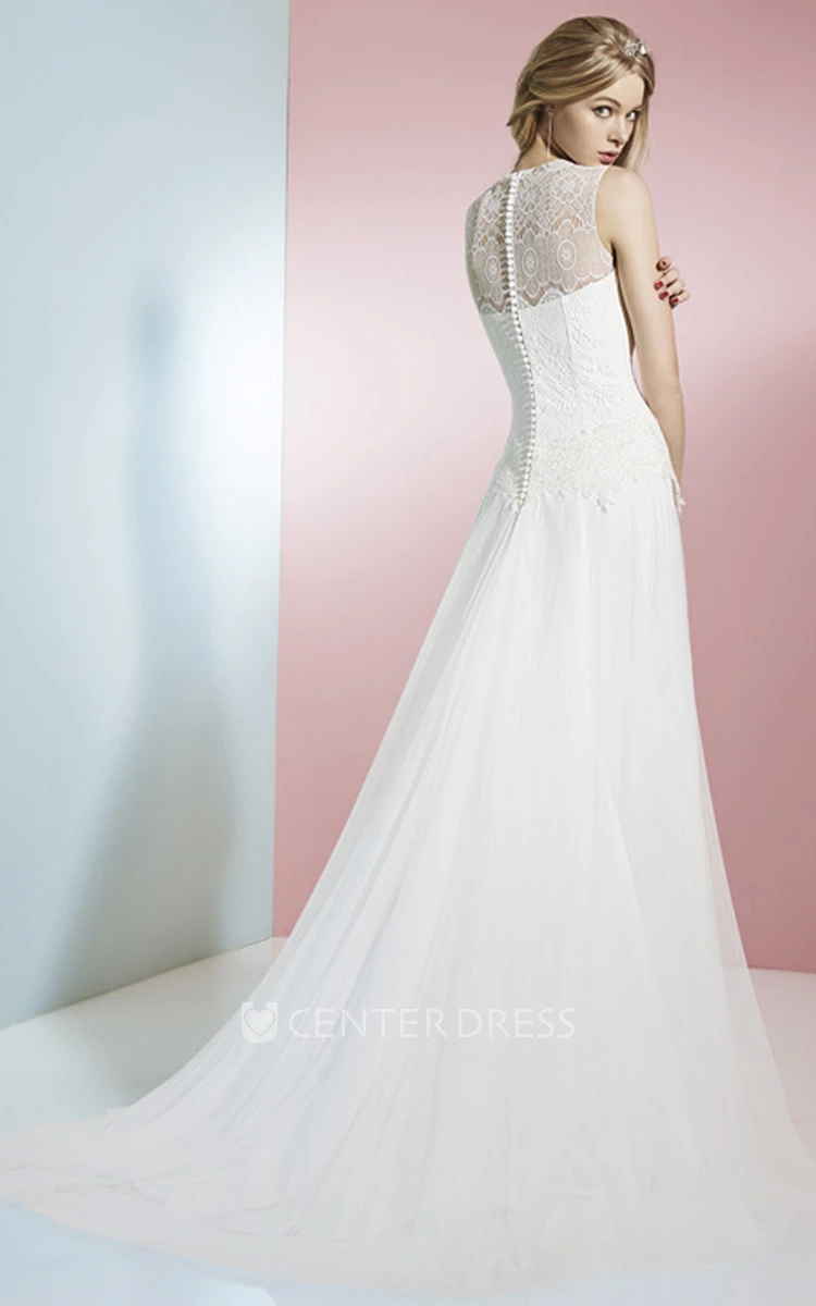 A-Line Jewel Floor-Length Sleeveless Lace Chiffon Wedding Dress With Illusion Back And Sweep Train
