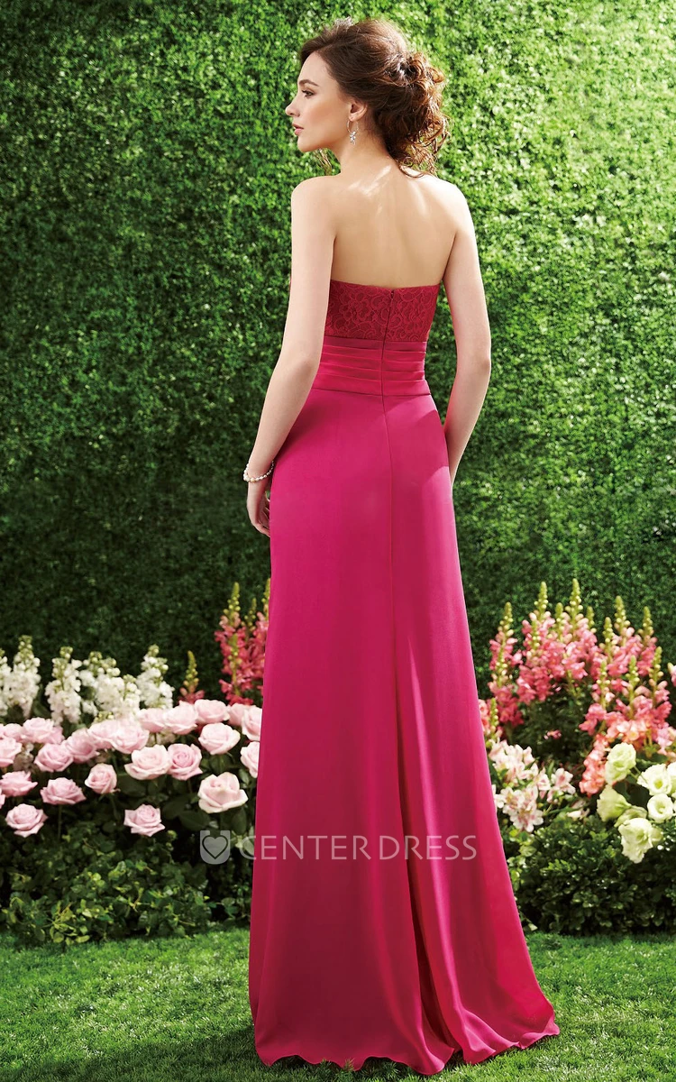 Strapless Long Chiffon Gown with Flower and Lace Bodice