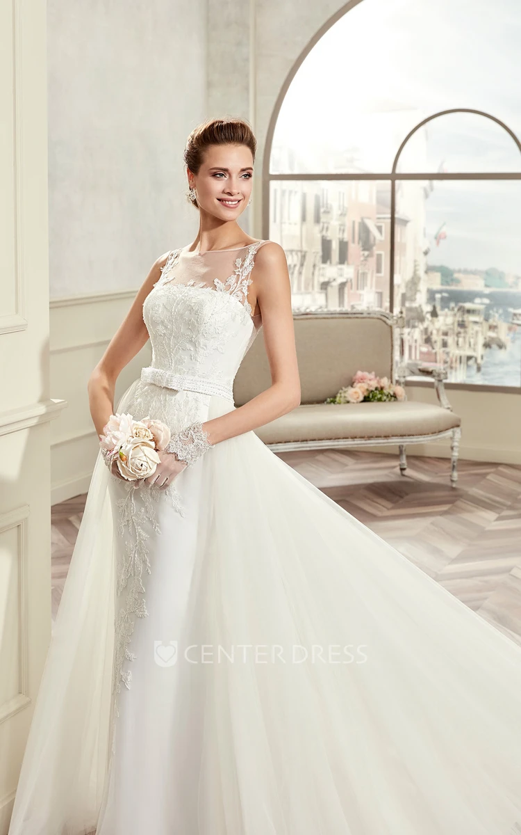 Cap Sleeve A-Line Lace Gown With Illusive Design And Brush Train