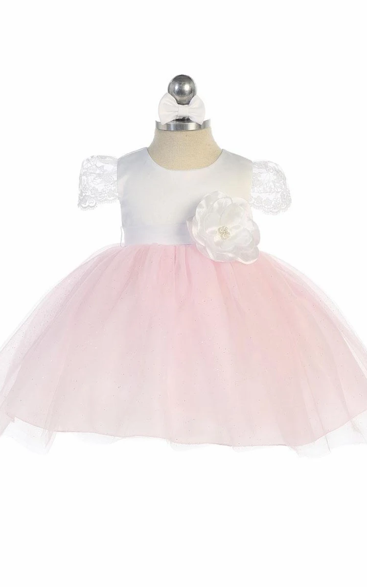 Floral Tea-Length Tiered Tulle&Satin Flower Girl Dress With Embroidery