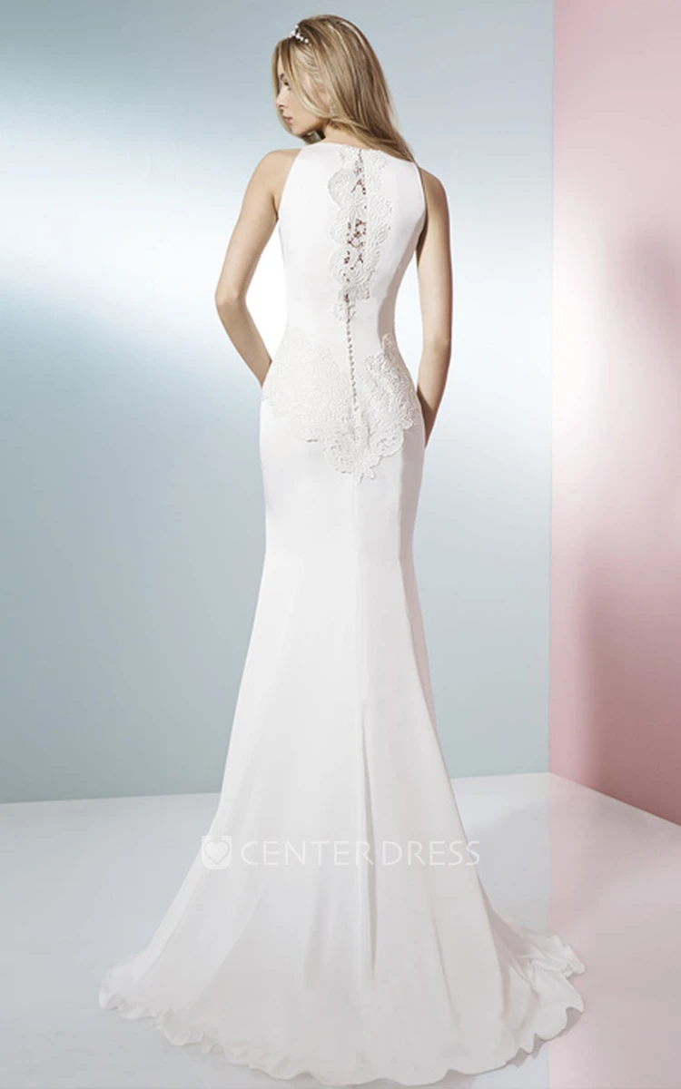 Long Scoop Appliqued Chiffon Wedding Dress With Sweep Train