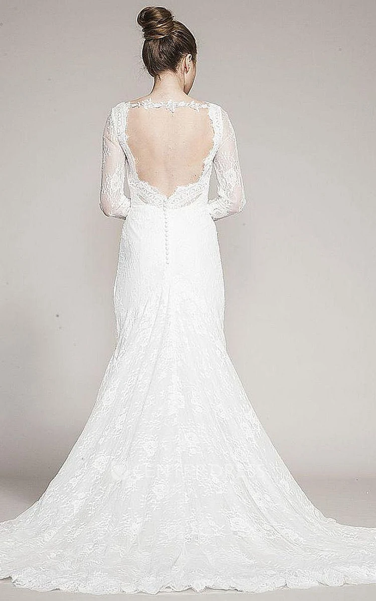 V-Neck Floor-Length Long-Sleeve Lace Wedding Dress With Brush Train And Keyhole