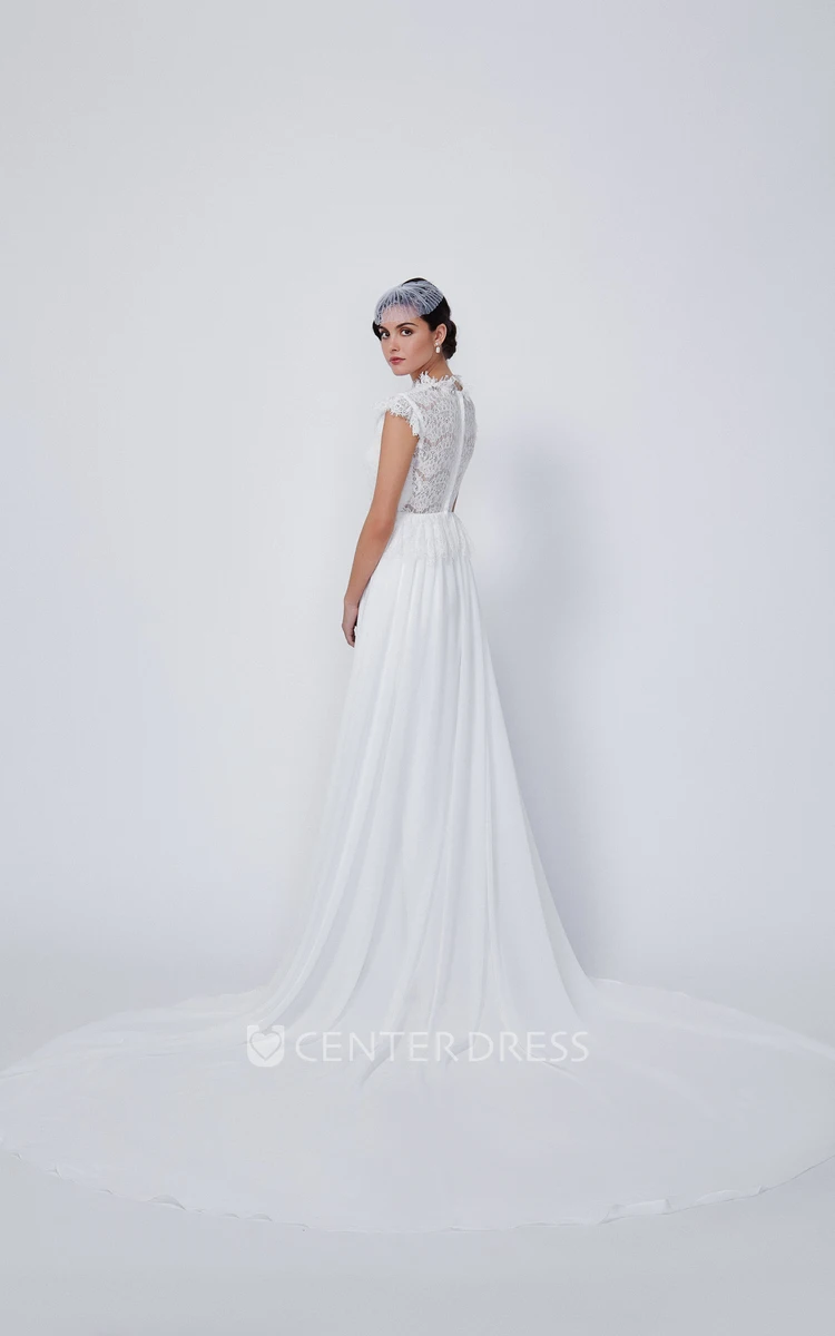 Sheath Sleeveless Beaded Long High-Neck Chiffon&Lace Wedding Dress With Pleats