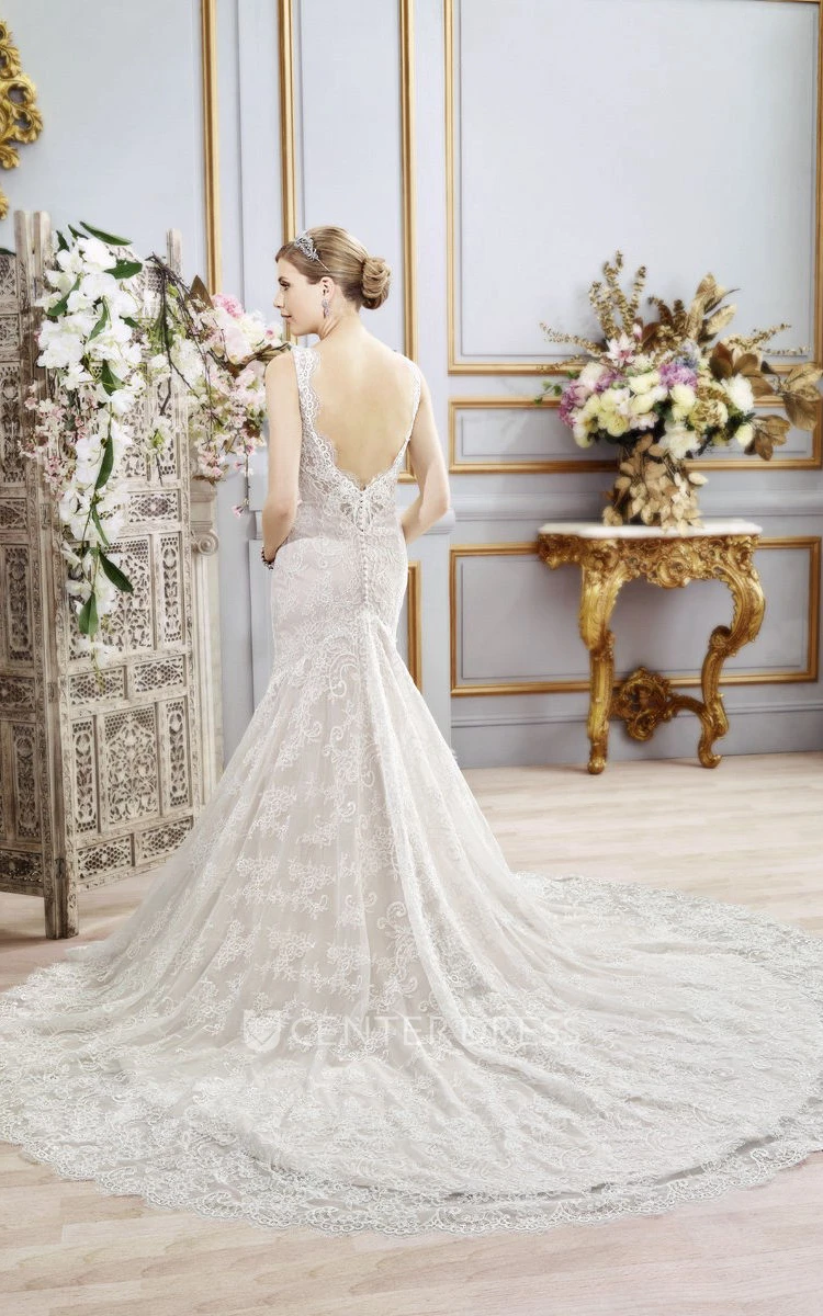 Mermaid Sleeveless V-Neck Floor-Length Appliqued Lace Wedding Dress With Deep-V Back And Waist Jewellery