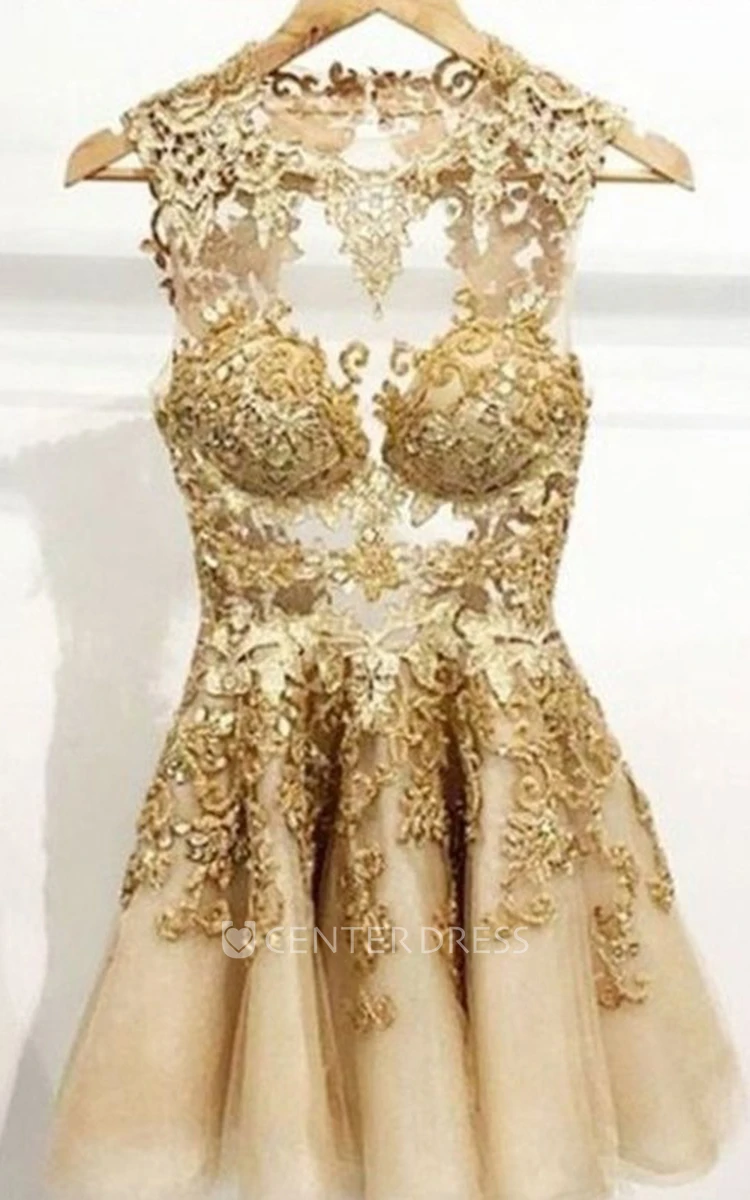 A-line Ball Gown High Neck Sleeveless Appliques Beading Ruffles Short Mini Lace Homecoming Dress