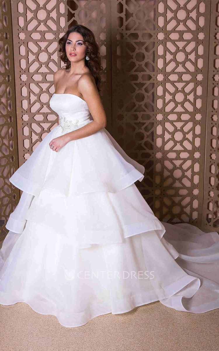 A-Line Strapless Sleeveless Floor-Length Beaded Organza Wedding Dress With Tiers