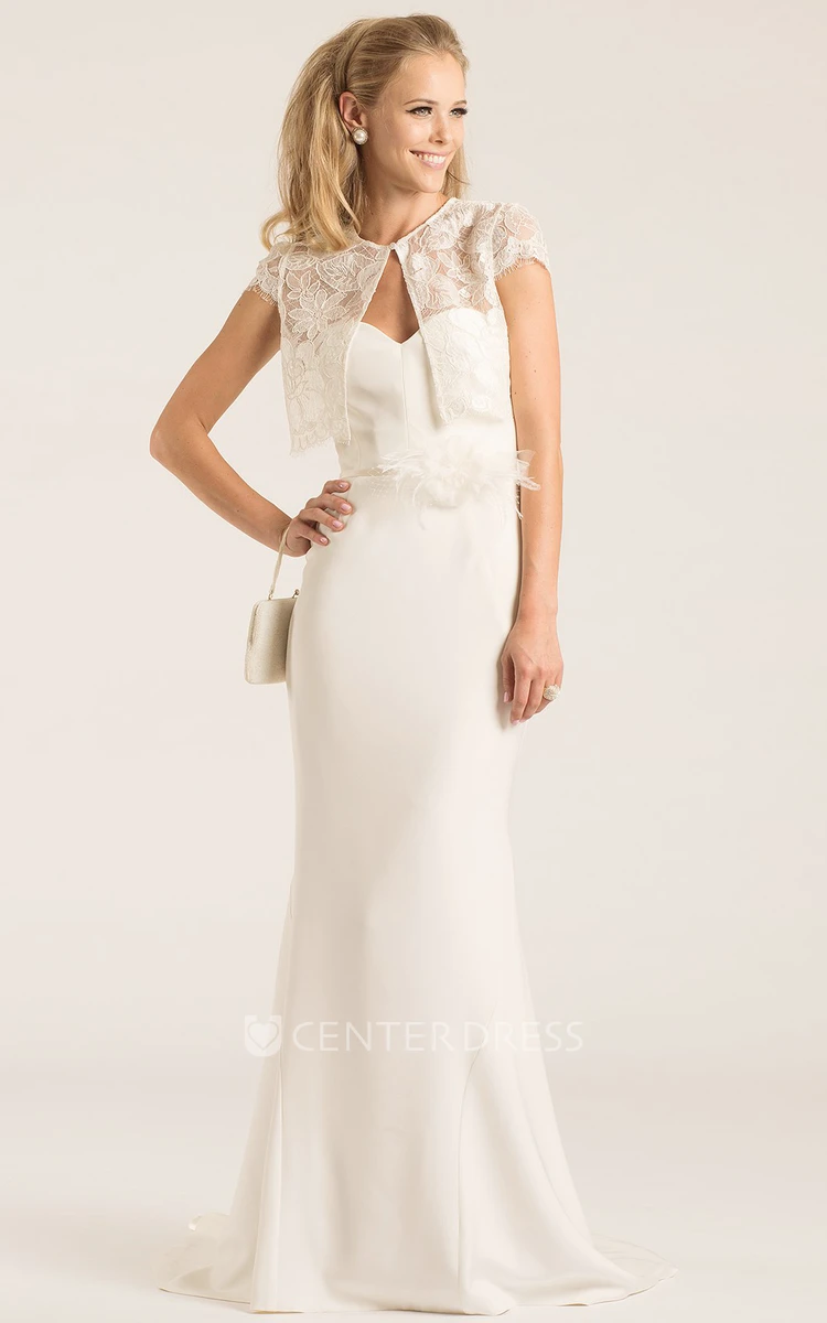 Scoop Maxi Short-Sleeve Lace Chiffon Wedding Dress With Sweep Train