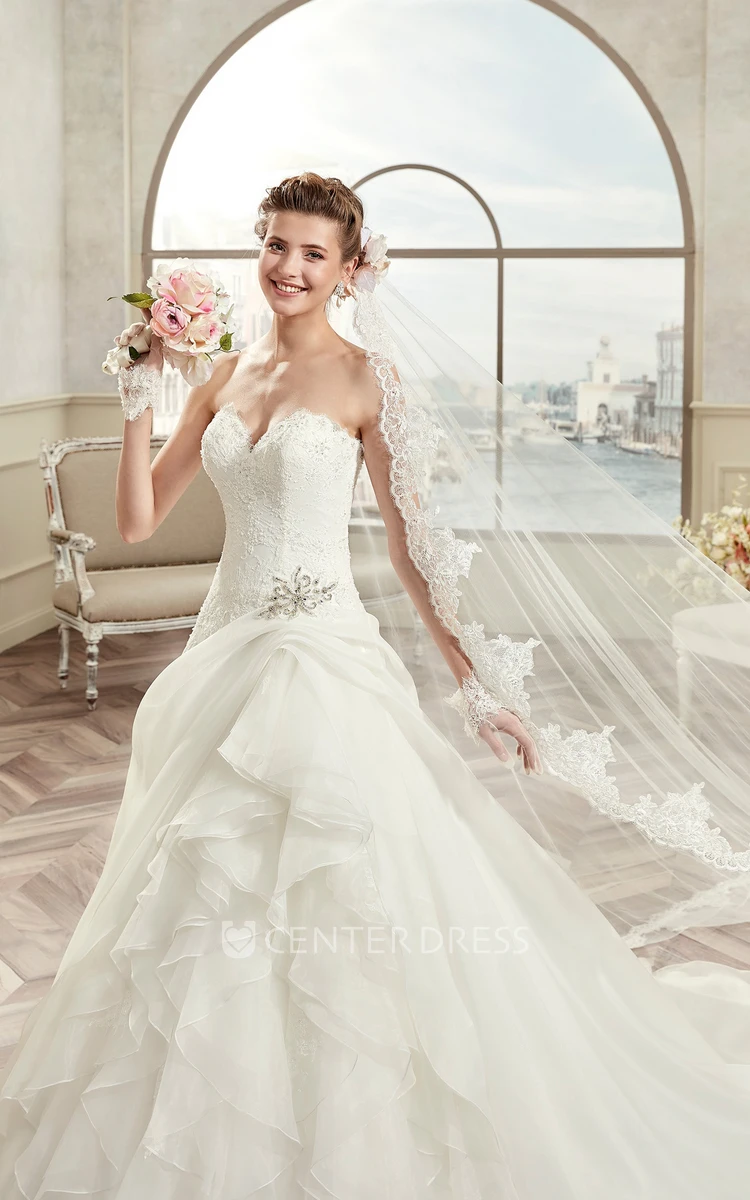 Sweetheart A-Line Lace Ruching Gown With Beaded Details And Lace-Up Back
