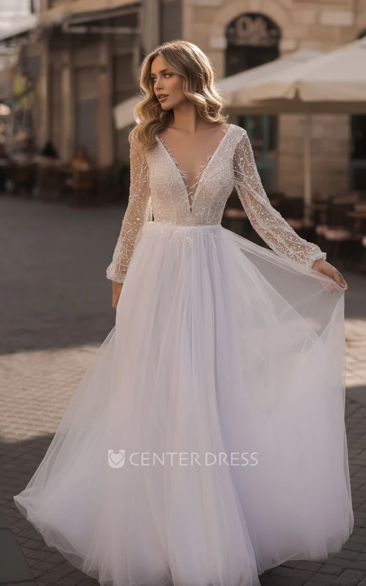 Modern Casual Boho Lace Sequins A-Line Long Sleeve Spring Wedding Dress with Beading Ethereal Flowy Tulle Maxi Low Back Bridal Gown