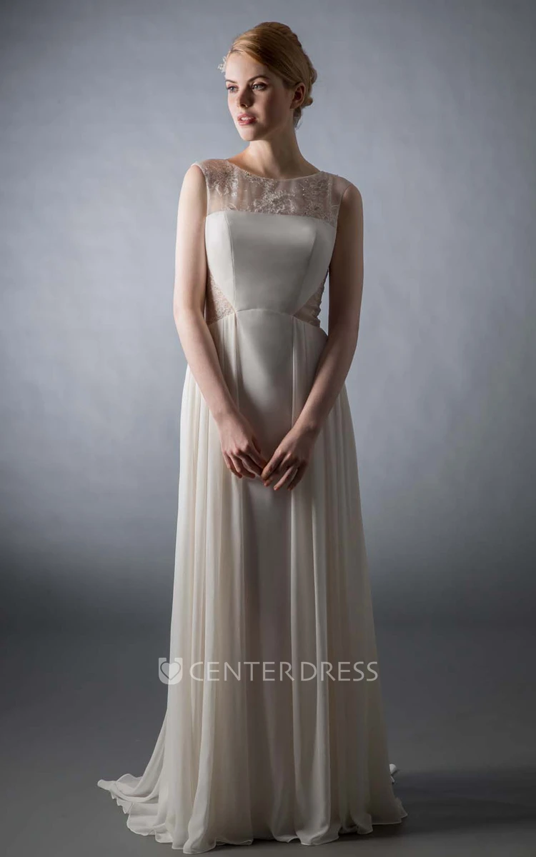 Sheath Scoop Cap-Sleeve Beaded Floor-Length Satin&Chiffon Wedding Dress With Illusion Back And Sweep Train