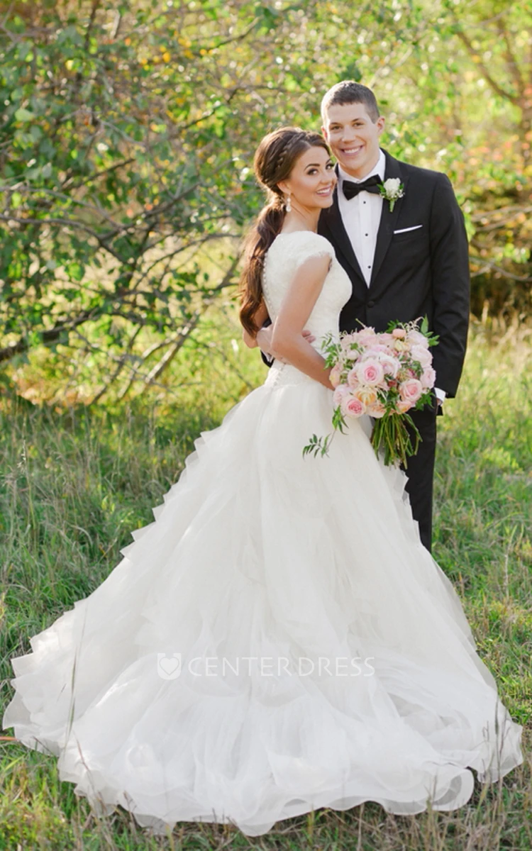 A Line Queen Anne Organza Lace Zipper Wedding Gown