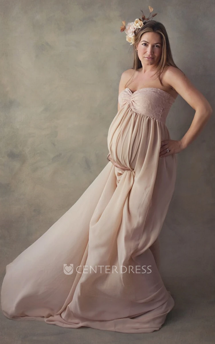 A-line Chiffon Lace Sweetheart Sleeveless Pleated Ruched Maternity Dress