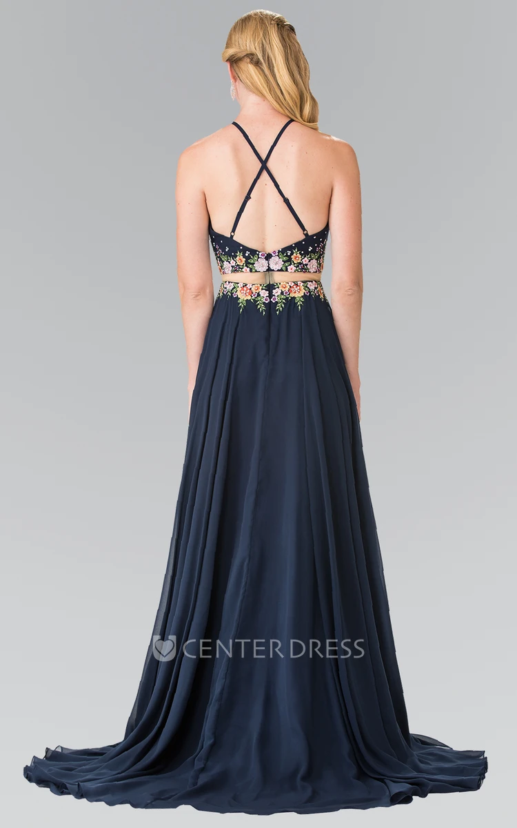A-Line Long Scoop-Neck Sleeveless Chiffon Straps Dress With Embroidery And Pleats