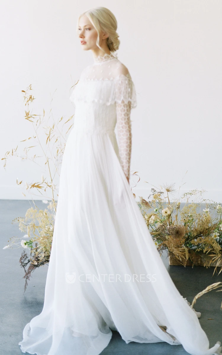 Casual Long Sleeved A-Line High Neck Tulle Floor-length Wedding Dress