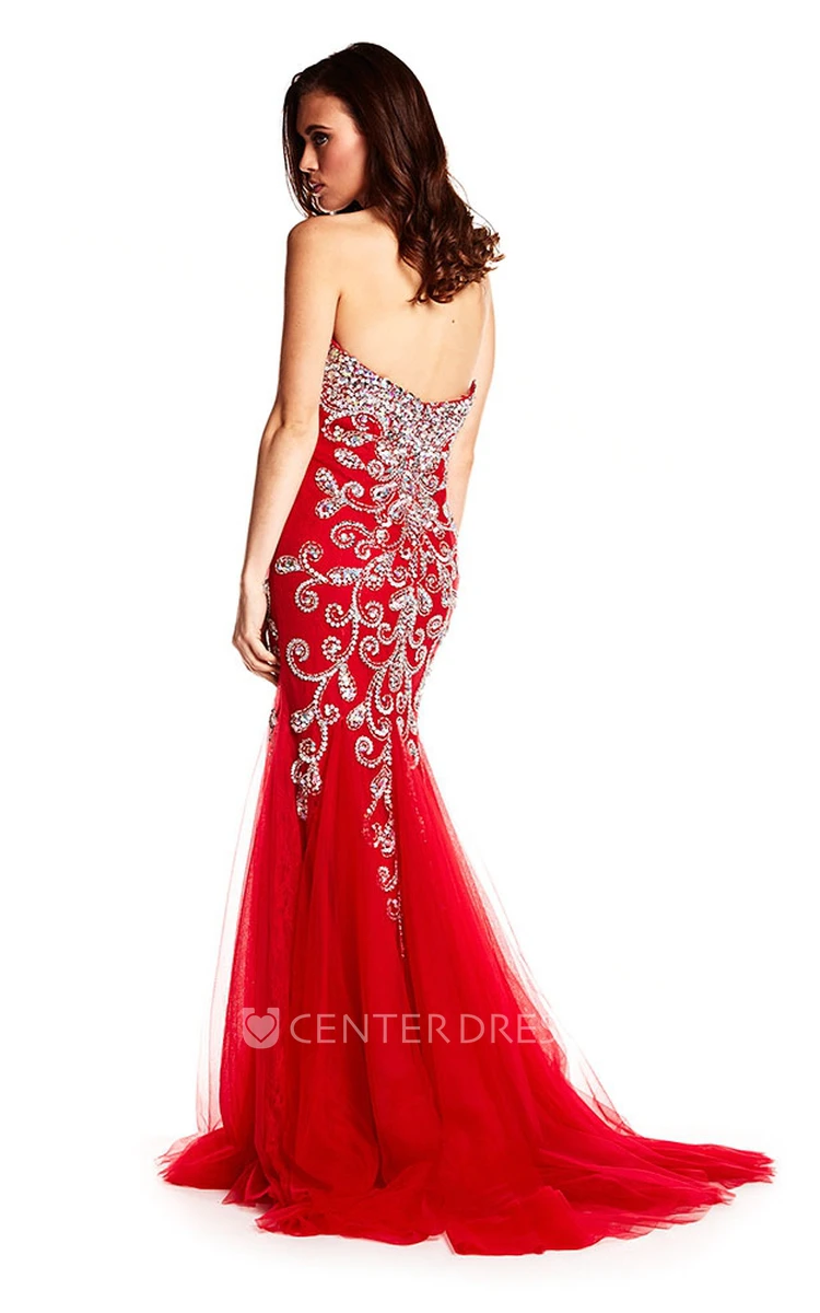 Sheath Crystal Sweetheart Sleeveless Floor-Length Tulle Prom Dress With Backless Style And Sweep Train