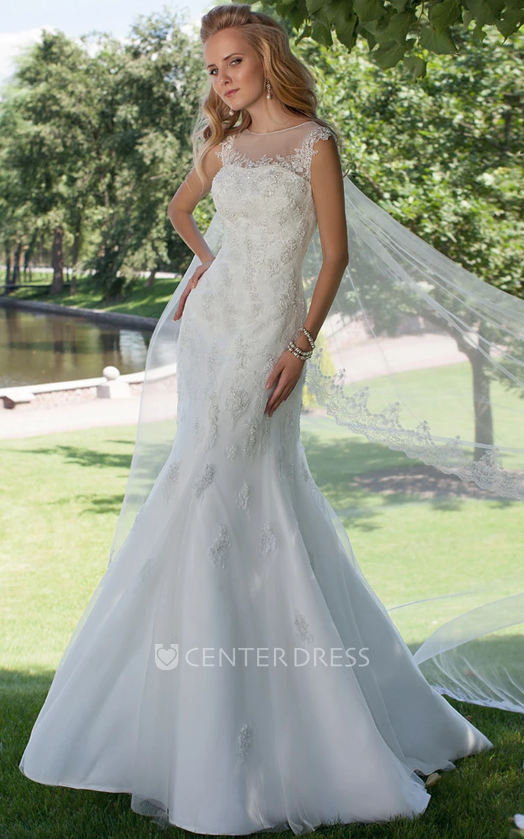 Trumpet Appliqued Floor-Length Scoop Sleeveless Wedding Dress With Corset Back And Court Train
