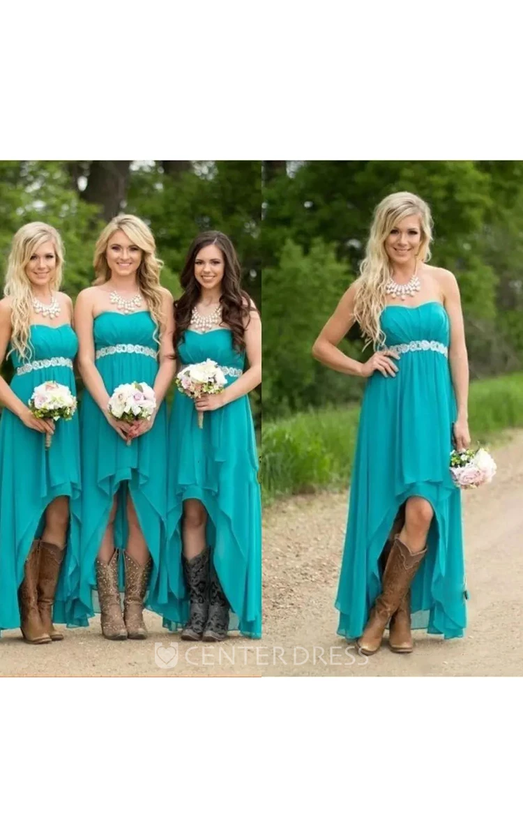 Sleeveless A-line Sweetheart High-low Chiffon Bridesmaid Dress with Ruching Sash and Tiers