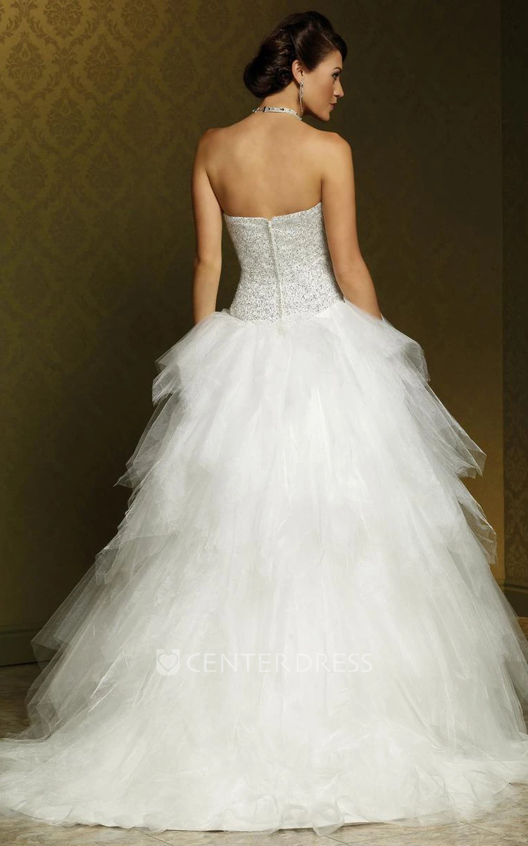 Ball Gown Ruffled Sweetheart Tulle Wedding Dress With Beading And Court Train