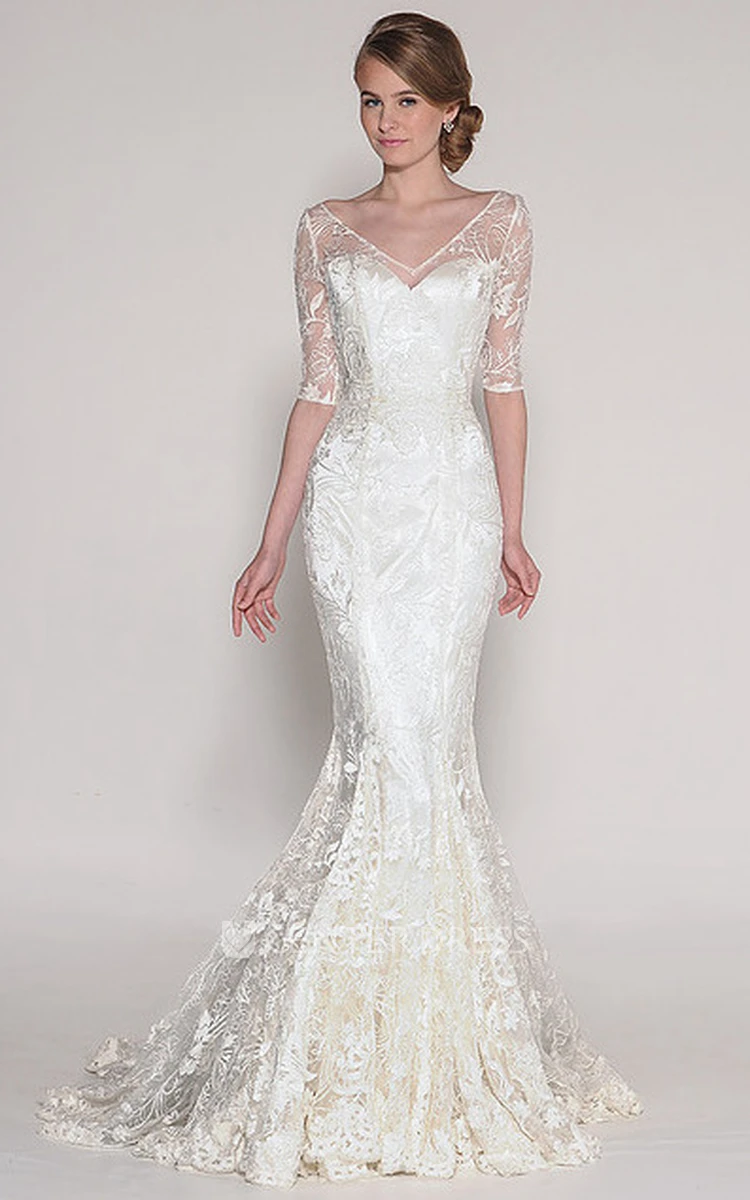 Maxi V-Neck Half Sleeve Appliqued Lace Wedding Dress With Sweep Train And V Back