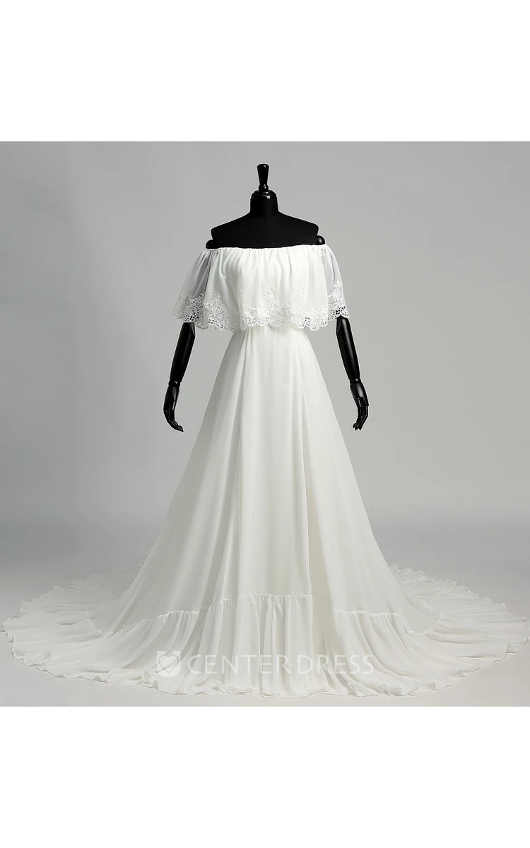 Chiffon A-line Off-the-shoulder Sleeveless Lace Wedding Dress with Pleats and Ruching