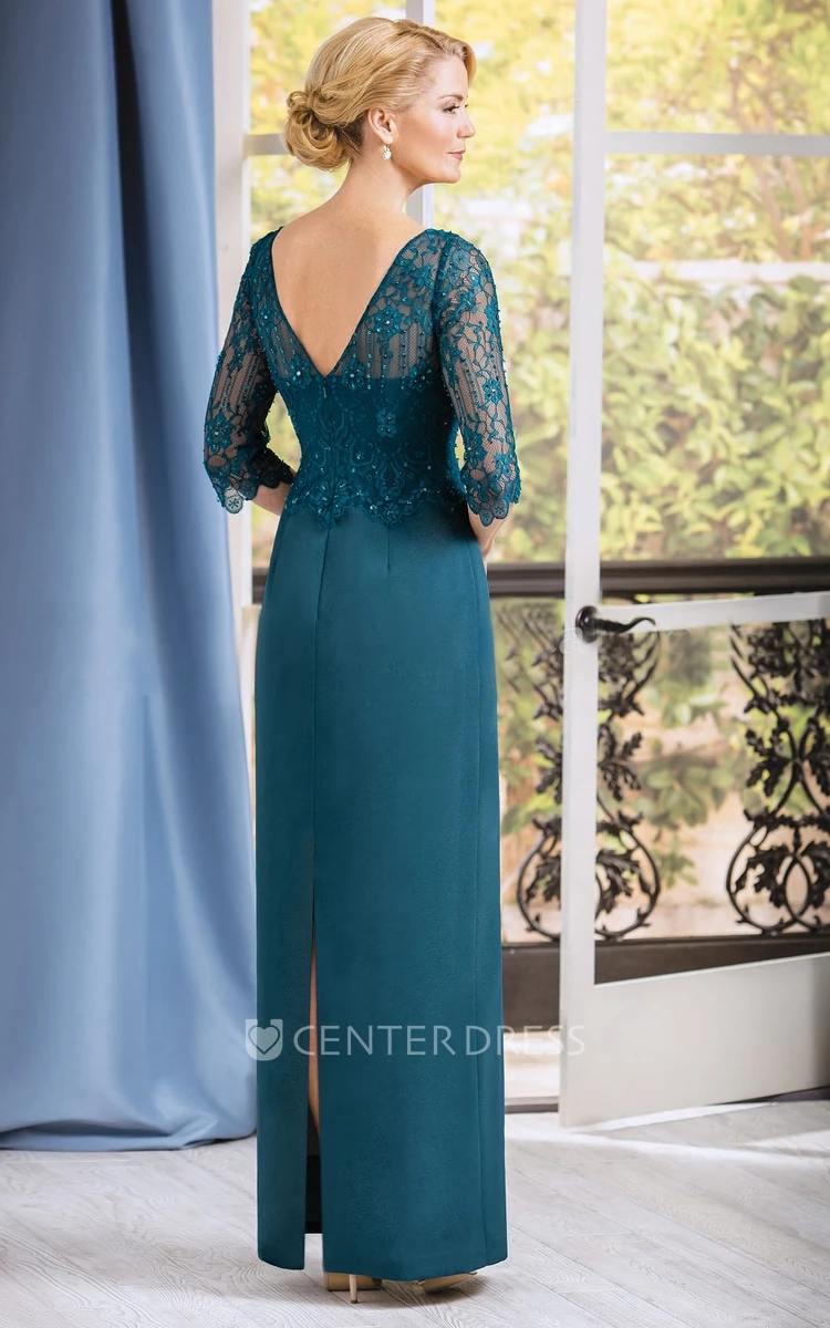 3-4 Sleeved V-Neck Long Mother Of The Bride Dress With Lace Bodice And V-Back
