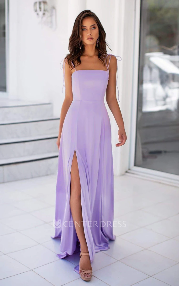 Spaghetti Square Satin Sleeveless Floor-length A Line Evening Dress with Split Front