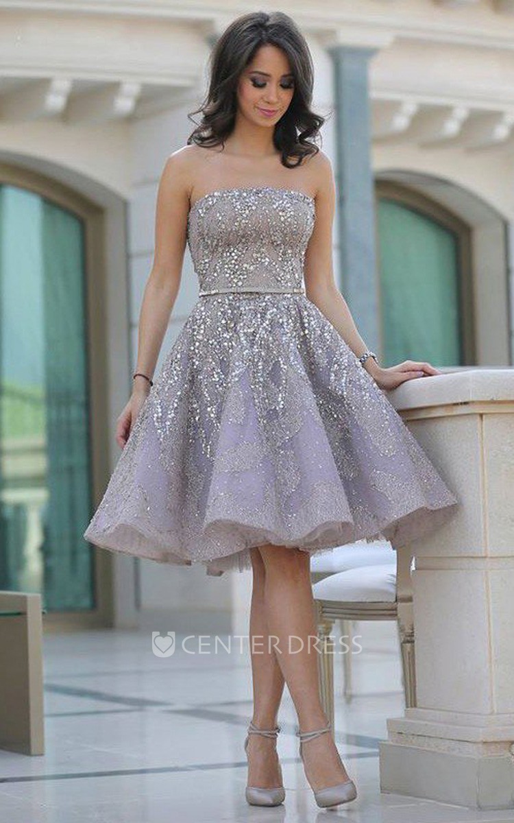 A-line Strapless Sleeveless Beading Sash Ribbon Sequins Knee-length Sequins  Homecoming Dress