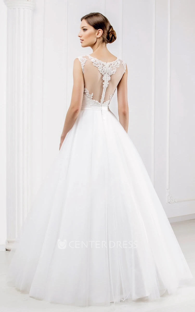 Scoop Long Appliqued Tulle Wedding Dress With Illusion