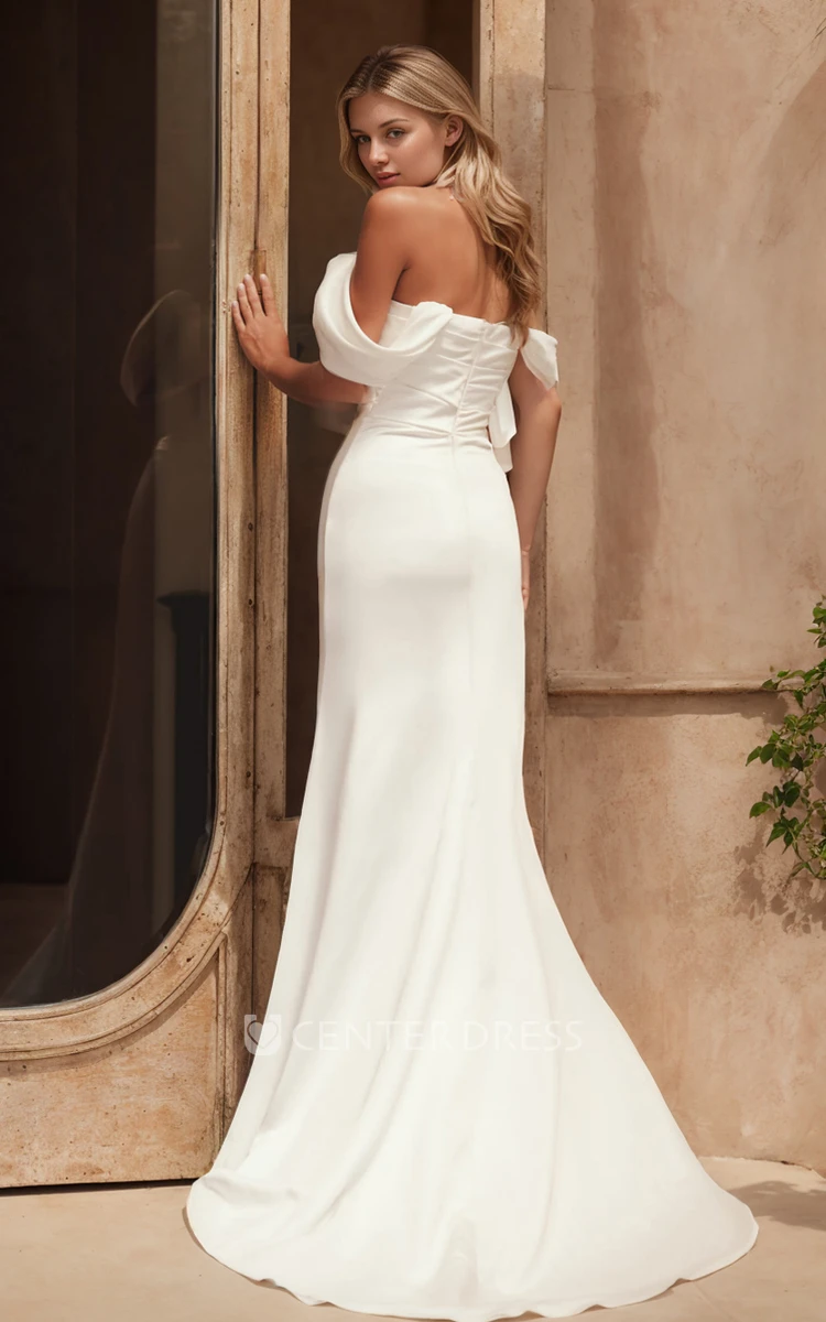 Elegant Simple Mermaid Off-the-Shoulder Satin Wedding Dress Ruching Solid Bridal Gown