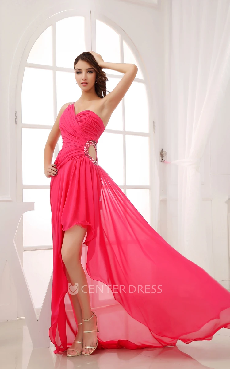 Chiffon One-Shoulder High-Low Prom Dress With Ruching and Keyhole