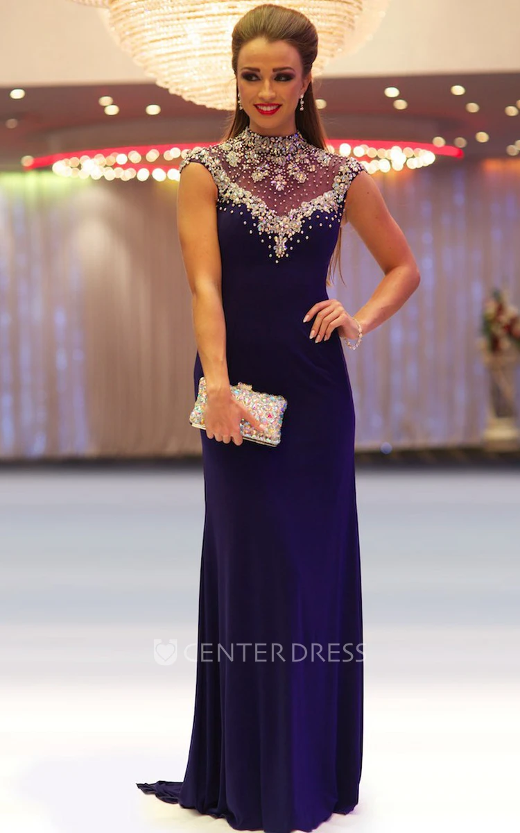 Sheath Cap-Sleeve Beaded Floor-Length High-Neck Jersey Prom Dress