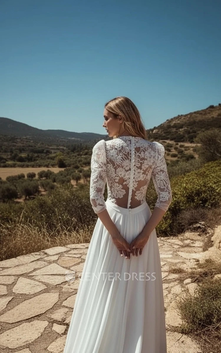Boho Lace Wedding Dress with 3/4 Sleeves A-Line Boat Neck Bridal Gown with Slit