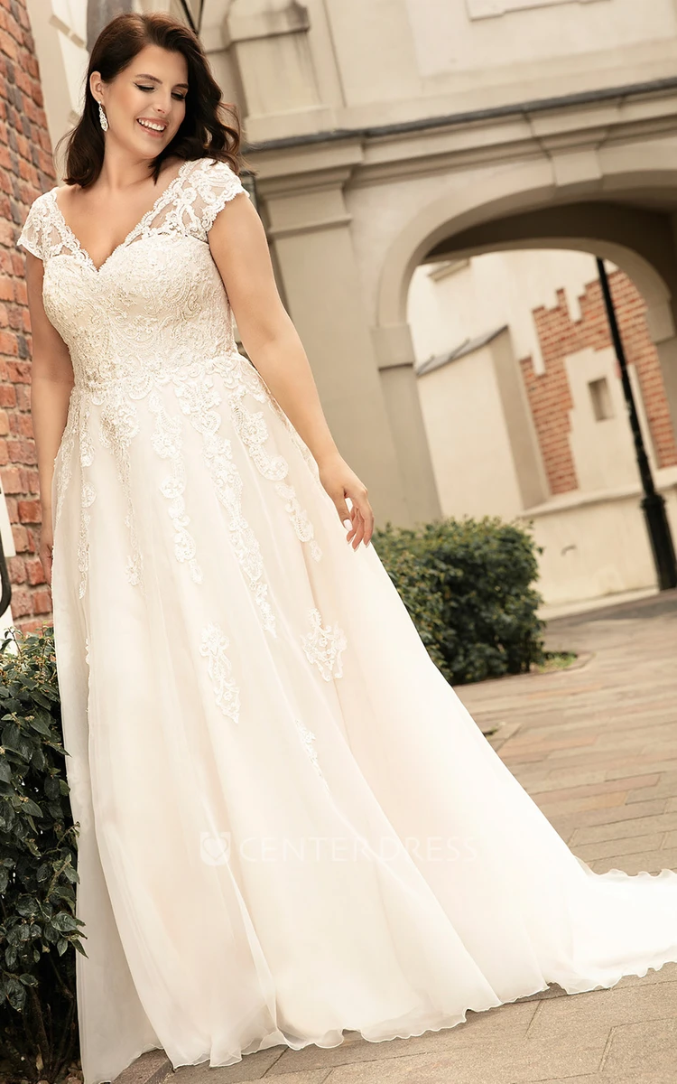 Sexy A Line Lace V-neck Short Sleeve Wedding Dress with Appliques 
