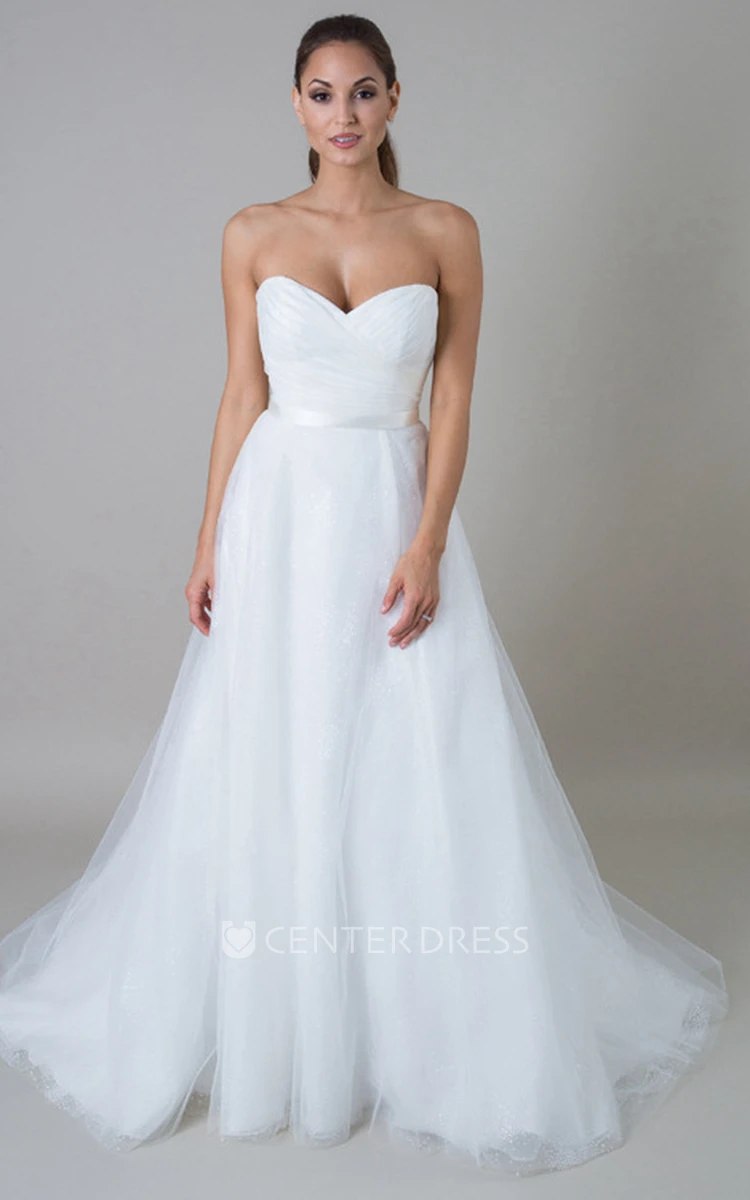 Long Sweetheart Tulle Wedding Dress With Criss Cross And V Back